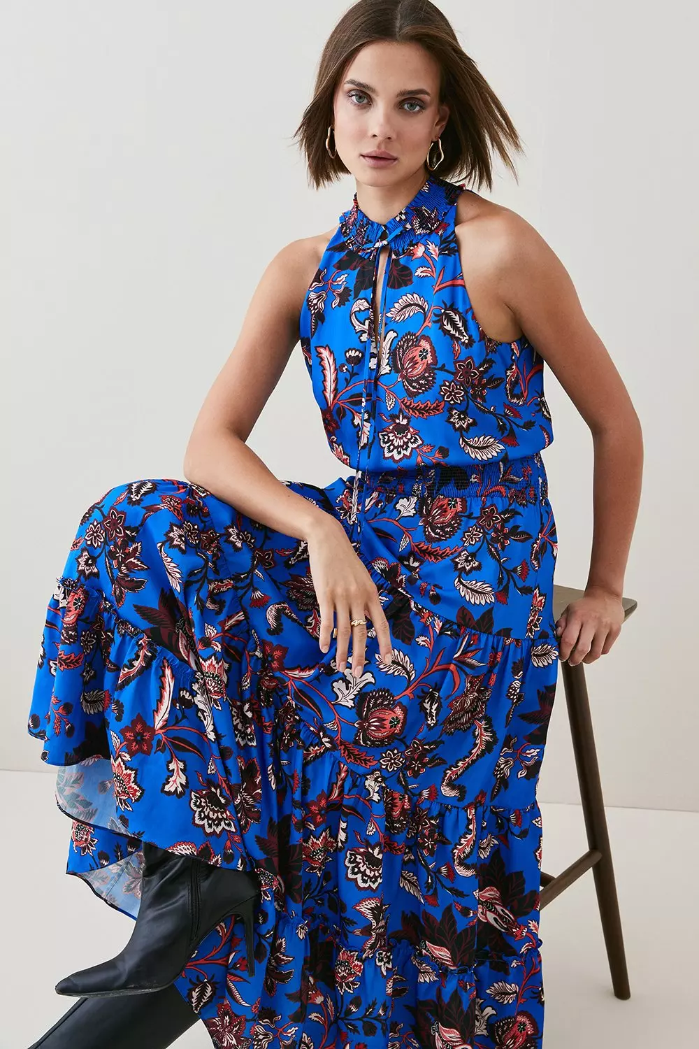 Petite Floral Shirred Woven Maxi Dress Karen Millen